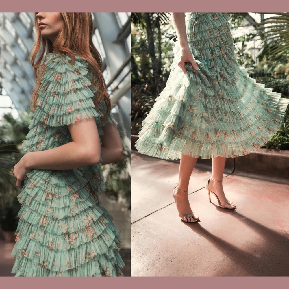 NWT Mac Duggal [ 14 ] 8014 Ruffle Tiered Short‎ Sleeve A Line Dress Sage J1819 - Picture 4 of 15
